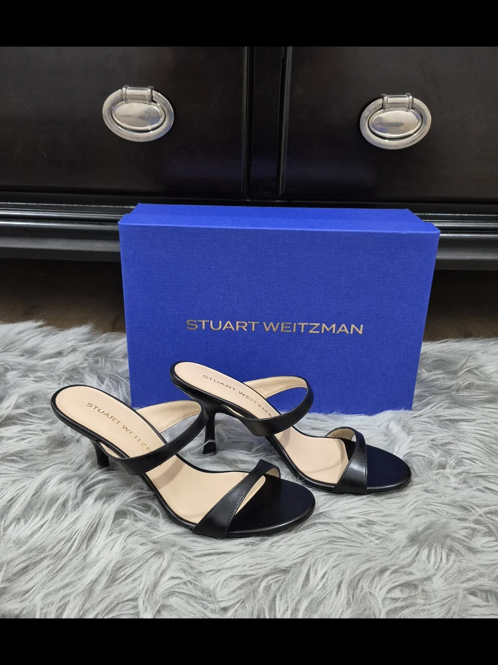STUART WEITZMAM Nudist Slide 85 Black Suede Strappy High-Heel Sandals Size 7.5B